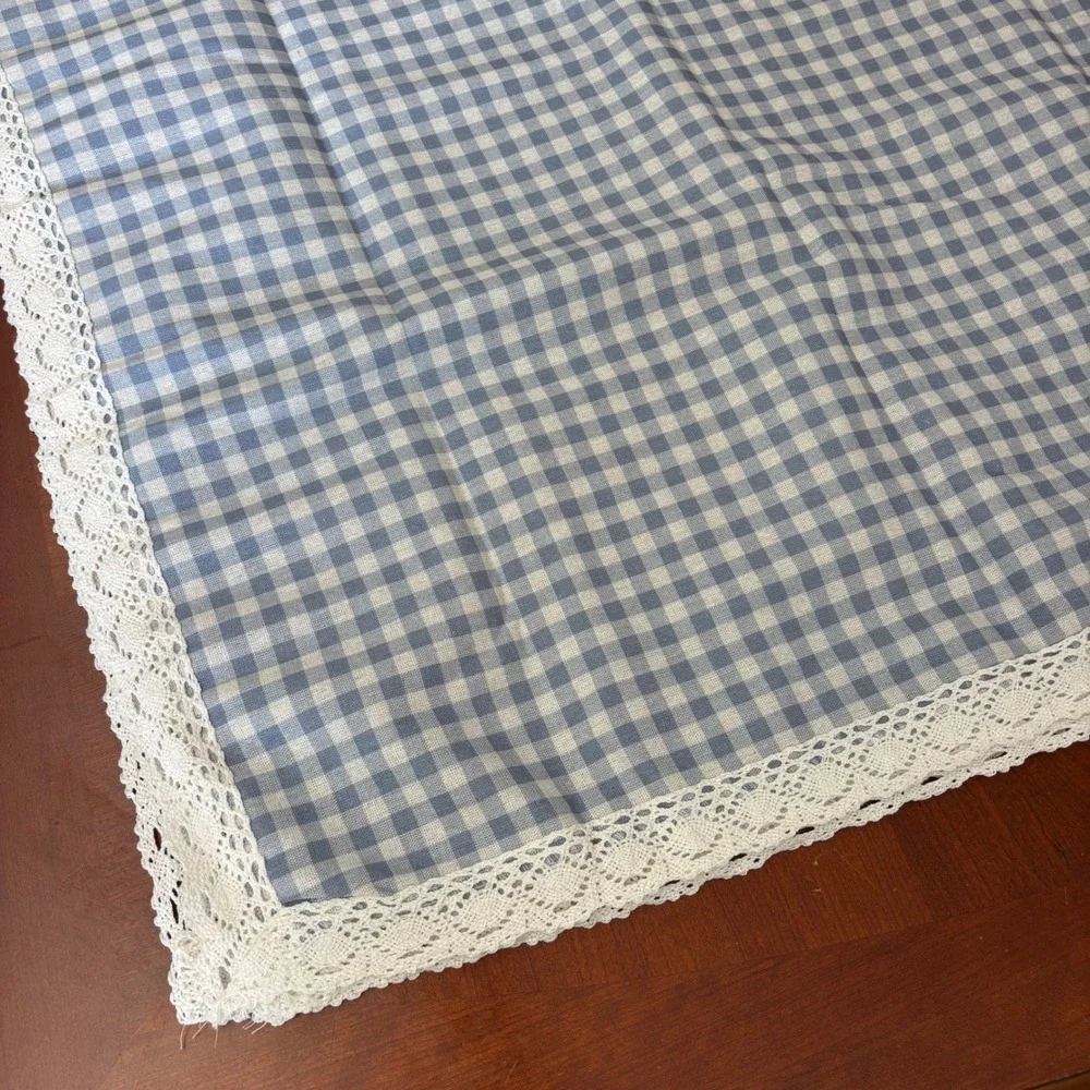 Blue Gingham Checkered Tablecloth with White Lace Trim | 52x70 Rectangular NEW